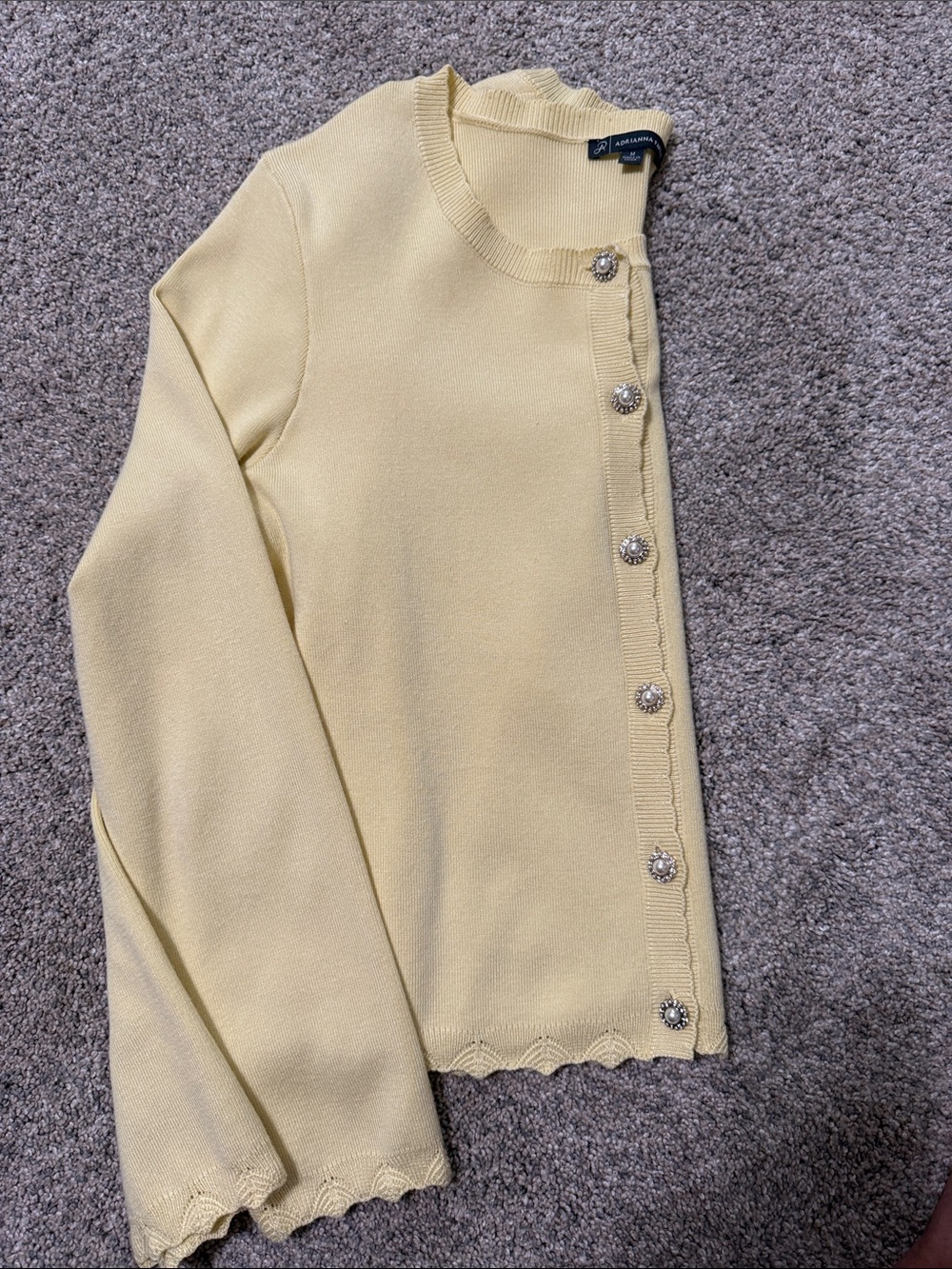 Adrianna Papell Pale Yellow Scalloped-Edge Crewneck Cardigan